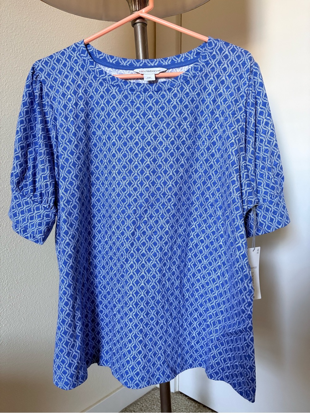 Liz Claiborne Blue Geometric Diamond Print Puff Short Sleeve Top NWT Size XXL